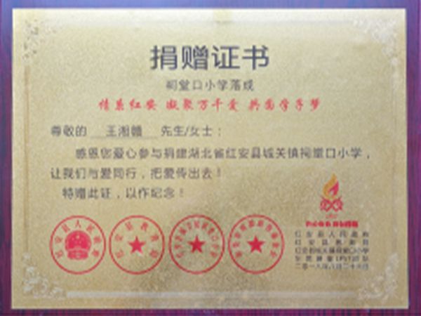 Сертификат о пожертвовании на строительство начальной школы